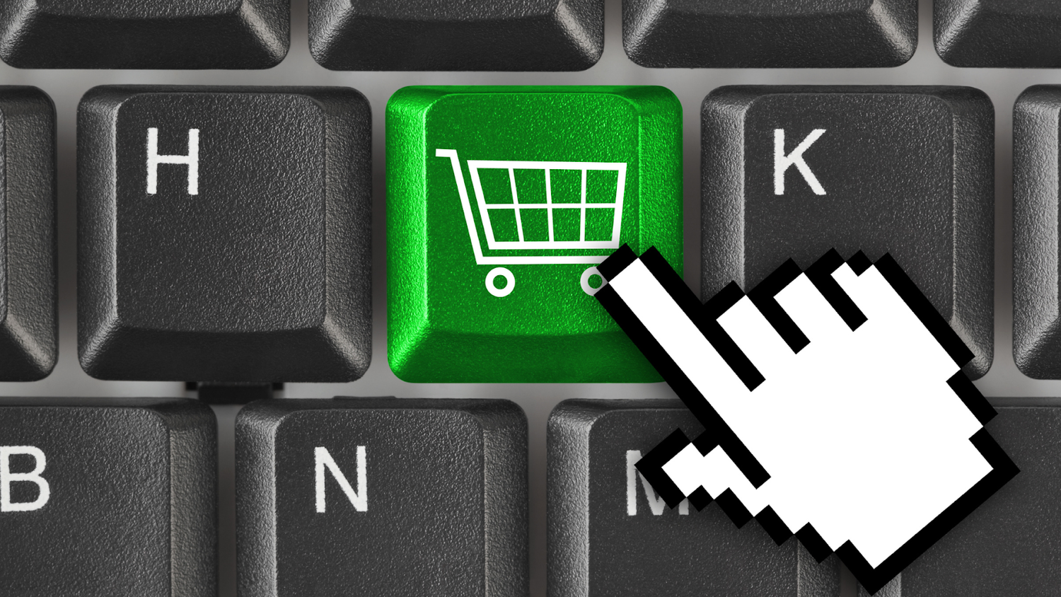 Hand cursor pointing at green shopping cart button on keyboard