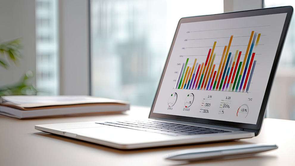 Laptop showing colorful bar charts and UX performance metrics.