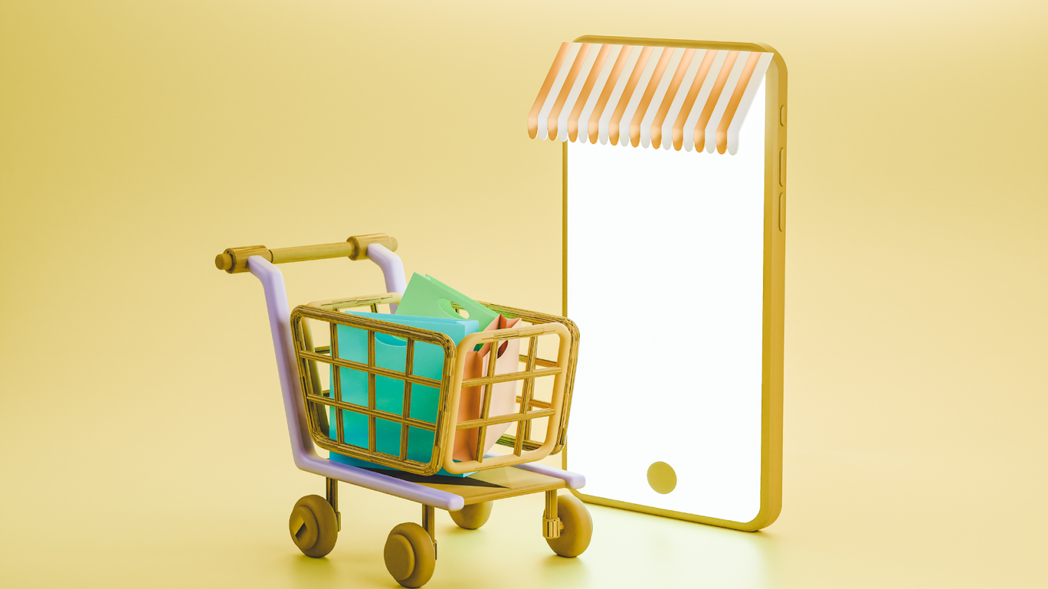 Online shopping concept with mobile phone and cart in 3D design