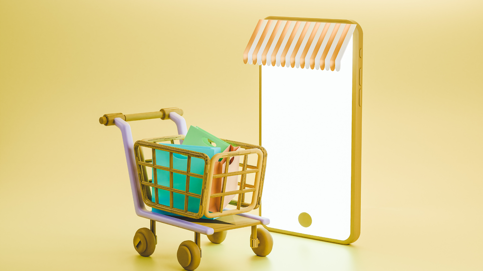 Online shopping concept with mobile phone and cart in 3D design