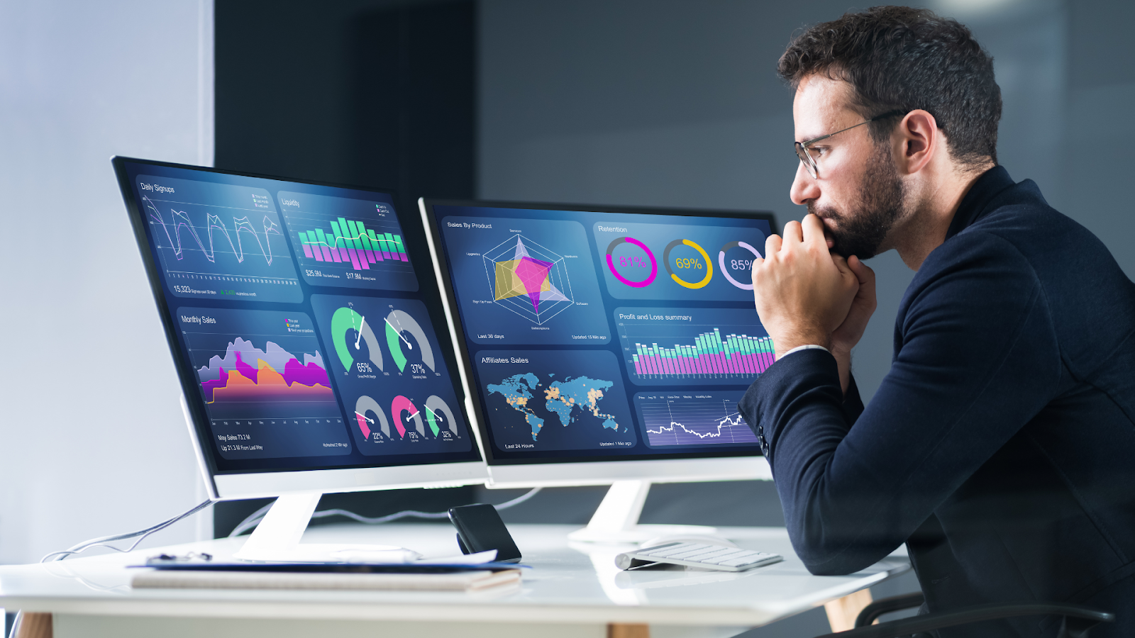 Professional reviewing UCP analytics performance metrics dashboard