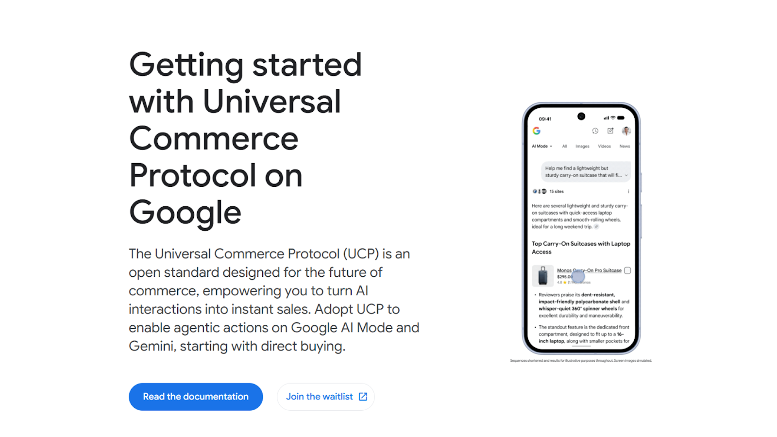Universal Commerce Protocol on Google shown with a phone displaying AI shopping results
